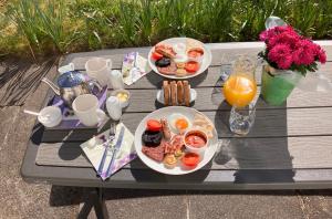 a picnic table with plates of food and orange juice at Gara-Ni Bed & Breakfast in Fort William