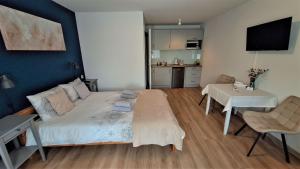 a bedroom with a bed and a table and a kitchen at Apartamenty Nad Rzeką in Polanica-Zdrój