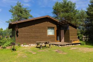 a cabin with a picnic table in front of it at Pie lacuksa in Tīnūži +15 photos