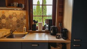a kitchen counter with a sink and a window at Chatka Wald in Kostrzyca +23 photos
