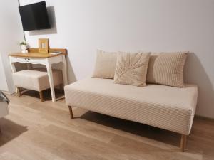 a couch in a room with a desk and a television at Happy Home2 in Cahul