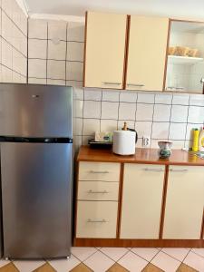 a kitchen with a stainless steel refrigerator and wooden cabinets at Milovan in Cetinje +21 photos