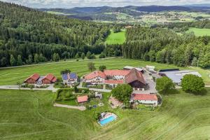 an aerial view of a house in a green field at 5 Sterne Holzchalet Dienberger Hof in Untergriesbach