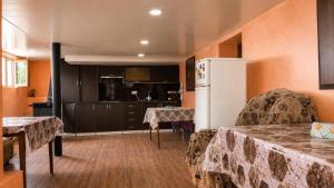 a kitchen with a table and a refrigerator in a room at Syune House in Tatʼev