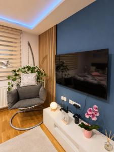 a living room with a large flat screen tv at Apartman Spa Bačka in Bačka Palanka