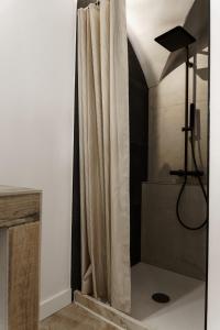 a shower with a curtain in a bathroom at Le Loft in Sainte Anastasie - Aubarne +11 photos
