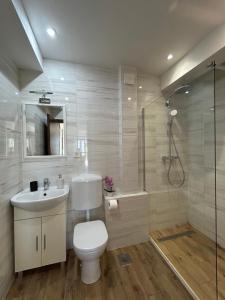 a bathroom with a toilet and a sink and a shower at Blue Wave Apartments - Adriatic in Slano +65 photos