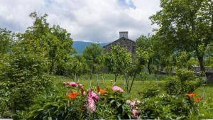 a garden with flowers in front of an old house at Syune House in Tatʼev
