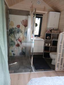 a bathroom with a shower and a toilet in a room at entre bourg et rivage in Saint-Pierre-Langers