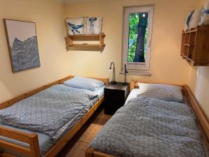 a bedroom with two beds and a window at Ferienhaus Loubier Marne in Marne