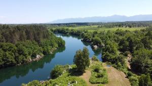 an aerial view of a river with trees and water at River House Moon in Gospić