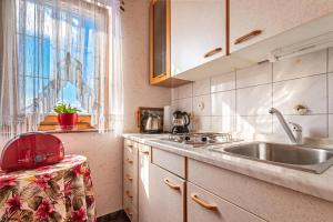 a kitchen with a sink and a window at Pool Chalet Adonis w/ Panoramic Views - Happy Rentals in Semič