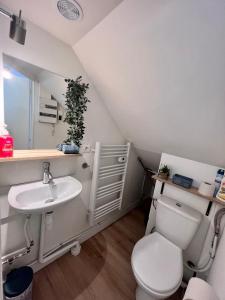 a bathroom with a white toilet and a sink at Etablissement Cloutiers comprenant plusieurs logements de type studio - Hyper Centre Brive in Brive-la-Gaillarde