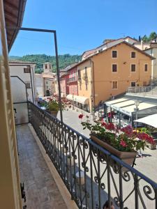 a balcony with flowers in pots on a building at Domus Cassia in Cascia