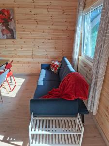 a living room with a blue couch and a window at Sielska Przystań in Gąski