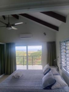 ein Schlafzimmer mit einem großen Bett und einem großen Fenster in der Unterkunft Sky view in Savusavu