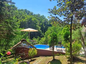 a boat in a yard with a swimming pool at Forest Oasis Slatina in Slatina Varoš