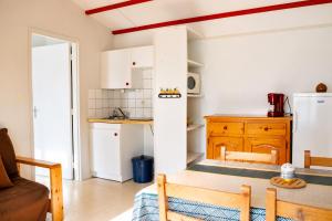 a kitchen with a white refrigerator and a table at Chalet Mauzac- Piscine- Domaine Paisible in Rivières