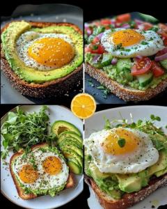 eine Serie von vier Bildern von Eiern auf Toast mit Avocado in der Unterkunft Marakesh in Štúrovo