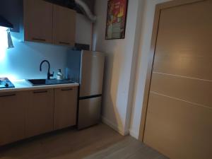 a kitchen with a white refrigerator and a sink at 1904 Studio in Świnoujście +17 photos