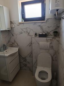 a bathroom with a toilet and a sink and a window at Apartment Hidden Garden in Pula +4 photos
