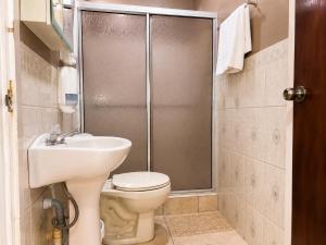 a bathroom with a shower and a toilet and a sink at Suite Familiar Afrodita - Centro Histórico in Comayagua