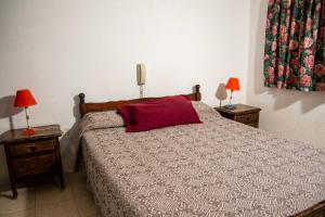 a bedroom with a bed with a red pillow on it at Hotel Barcelona in General Alvear