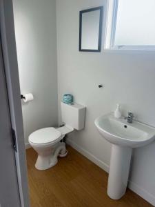 ein weißes Badezimmer mit Toilette und Waschbecken in der Unterkunft The Awanui Hotel in Awanui