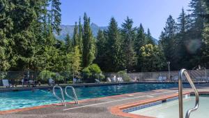 a swimming pool with trees and mountains in the background at Treetop Hideaway, Sleeps 2 in Glacier