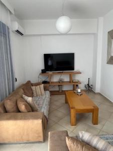 a living room with a couch and a flat screen tv at Villa Poseidon Blue in Rhodes Town