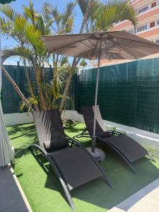two chairs and an umbrella on a lawn with palm trees at parking terraza jumbo by stay in gran canaria in Playa del Ingles
