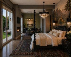 a bedroom with a large bed and a fireplace at Domaine Chardonnay in Temecula