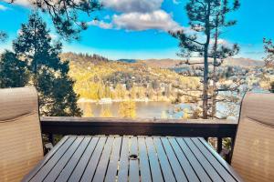 a view of a lake from a wooden bench at Lakeside Serenity in Crestline