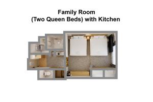 a floor plan of a family room with two queen beds with kitchen at goom Hotel Fukuoka-Tenjin in Fukuoka
