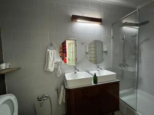 a bathroom with a sink and a mirror and a shower at Duet hostel in Karakol +52 photos