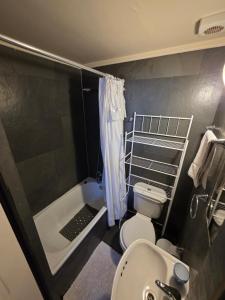 a bathroom with a toilet and a sink and a shower at Hostal Desert in San Pedro de Atacama +22 photos