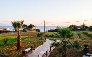 a walkway with tables and chairs and palm trees at Pachynammos Studios & Apartments in Kypseli
