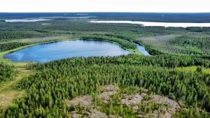 an aerial view of a lake in a forest at Kutulammen erämökki saunalla in Ranua