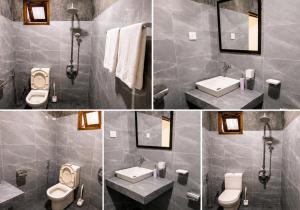 three pictures of a bathroom with two toilets and sinks at Ella green stay in Ella +126 photos