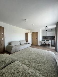 a living room with a bed and a couch at Diament Apartamenty in Rowy