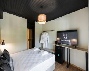 a bedroom with a bed and a flat screen tv at Salty Dog Suites in Vasiliki +12 photos