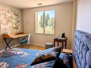a room with a bed and a desk and a window at Domaine de Grave in Mirepoix