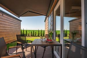 a patio with a table and chairs on a porch at DOMKI#ENERGY Zator in Przeciszów