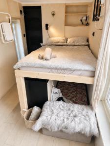 two bunk beds in a tiny room with a desk at Tiny House - The LOWFO House Lofoten in Moskenes