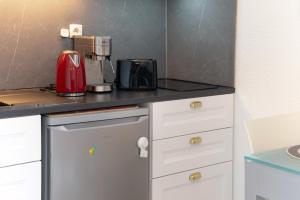 a kitchen with a coffee maker on a counter at Studio Le Splendid 3 Hôtel étoiles in Allevard +20 photos
