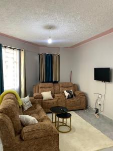 a living room with two couches and a tv at Nanyuki Gratia Pad in Nanyuki