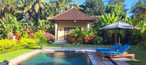 a house with a pool with a chair and an umbrella at TAMAN EDEN COTTAGE in Ubud