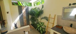 a bathroom with a sink and a mirror and plants at TAMAN EDEN COTTAGE in Ubud
