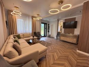 a living room with a couch and a piano at Transalpina Retreat in Novaci-Străini