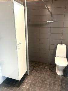 a bathroom with a toilet and a stall at Syke Apartment Jyväskylä in Jyväskylä +6 photos